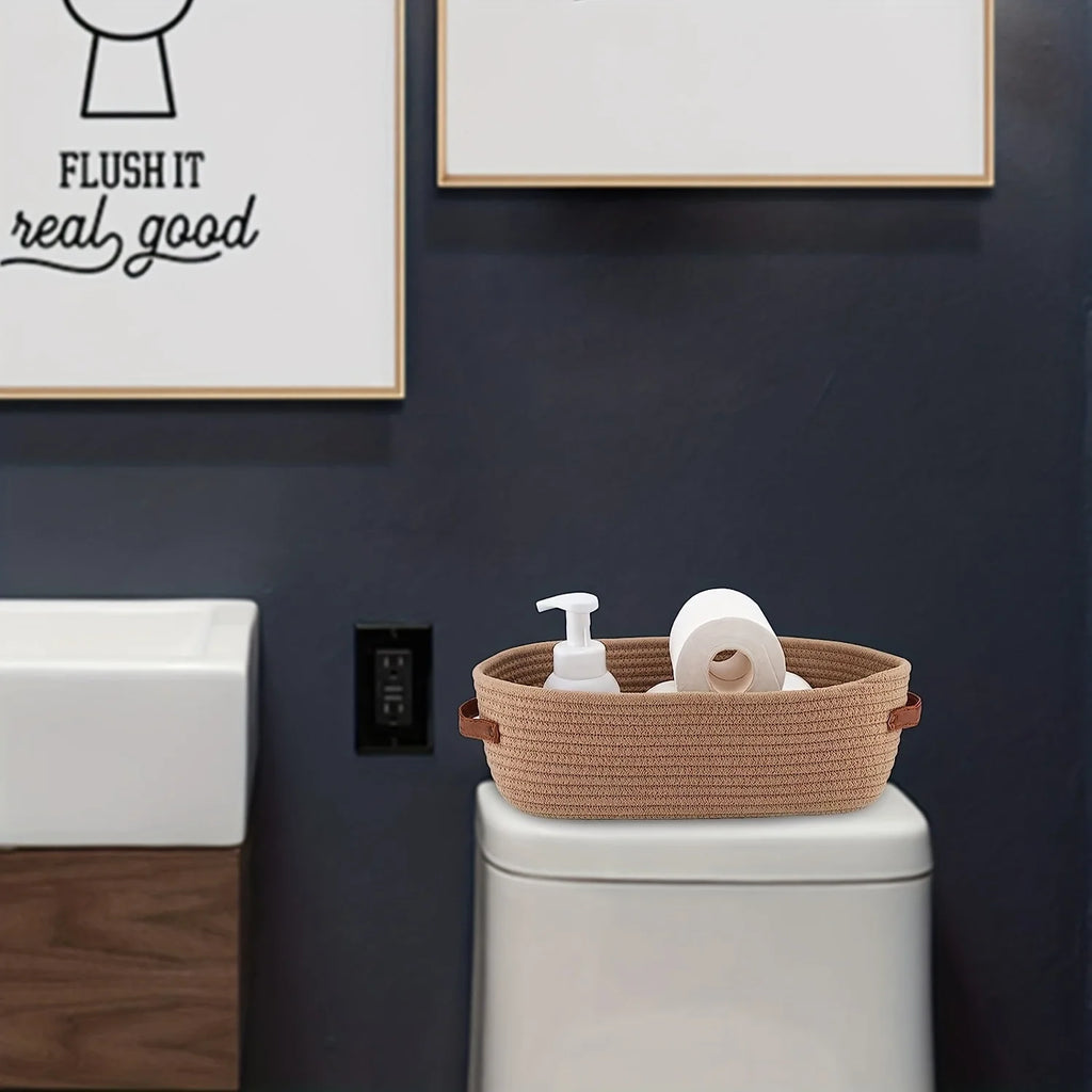 CozyNest – Woven Storage Basket with Leather Handles