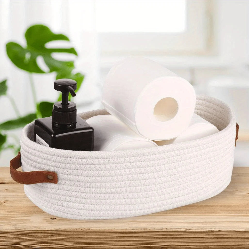 CozyNest – Woven Storage Basket with Leather Handles